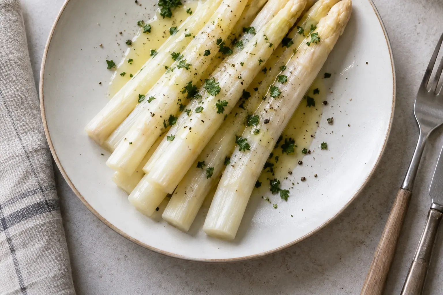 Witte asperges met boter en peterselie op wit bord, vork en mes naast bord