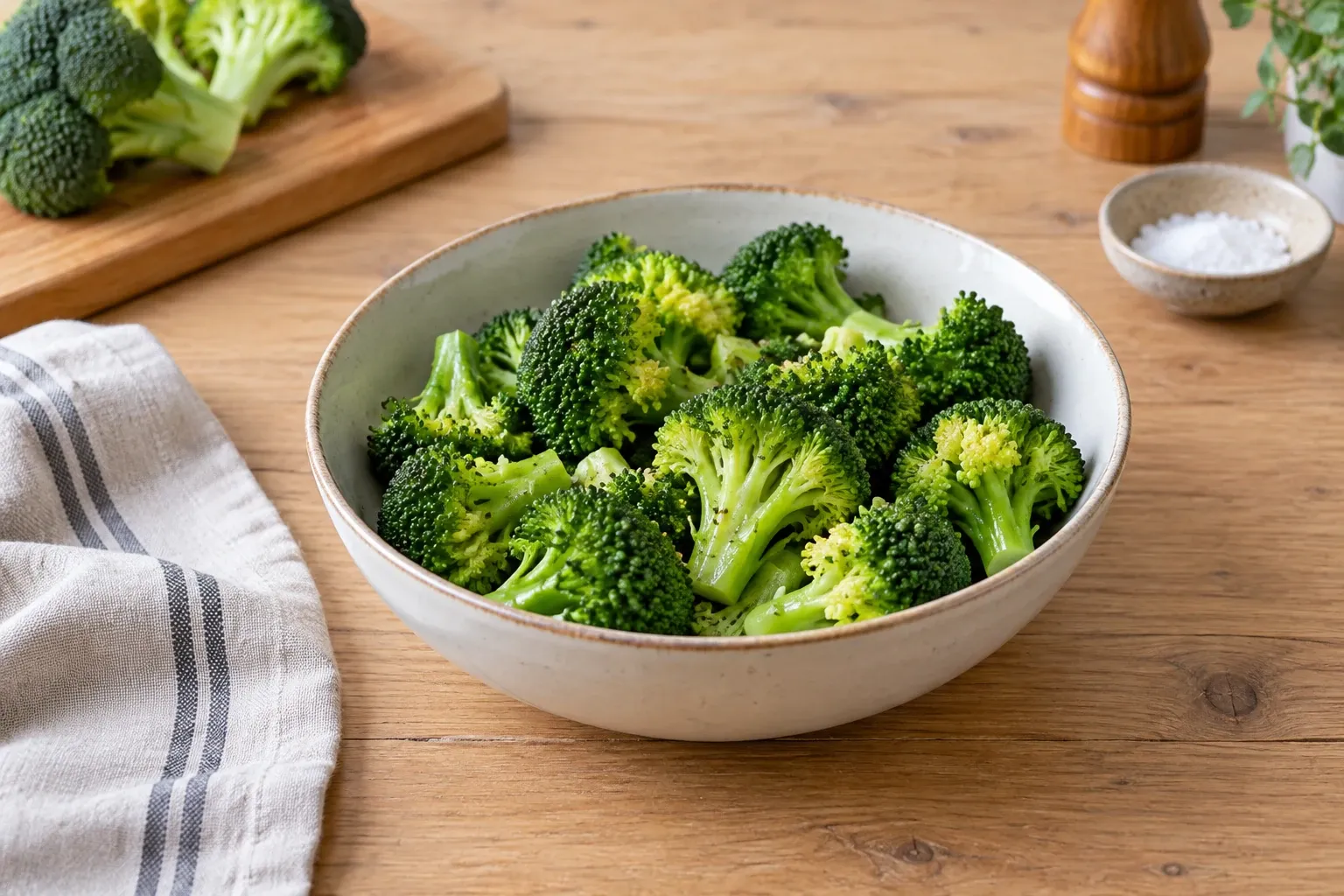 Komkommerachtige broccoli-roosjes in kom op houten tafel, zout en kruiden erbij