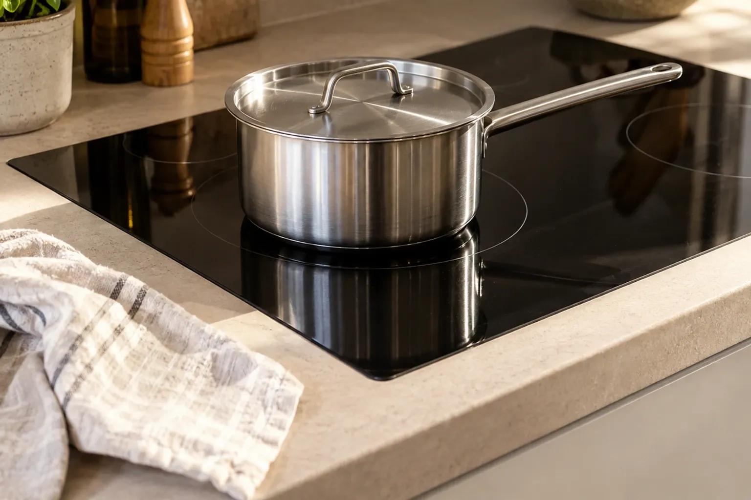 RVS steelpan met deksel op zwarte inductiekookplaat, theedoek op aanrecht naast pan