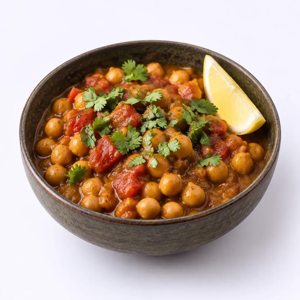 Donkere keramische kom met kikkererwtencurry, tomaat, koriander en citroenpartje