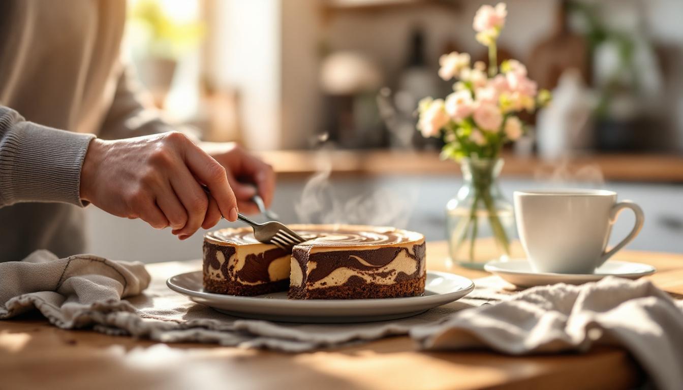 ontdek het recept voor gemarmerde chocoladecheesecake, de perfecte koffiepauze-klassieker waar iedereen dol op is. gemakkelijk te maken en onweerstaanbaar lekker!