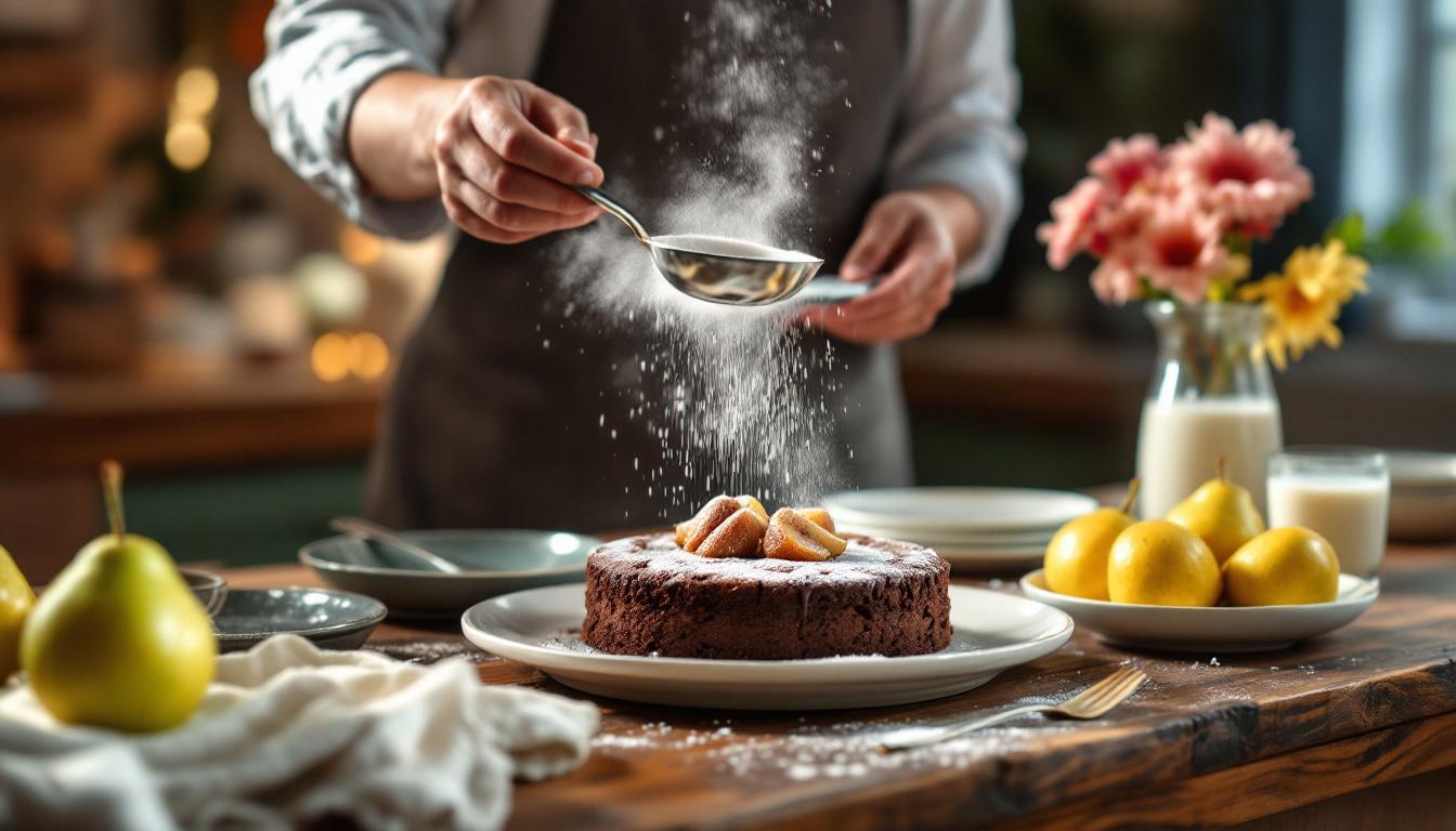 geniet van een heerlijke chocoladetaart met zacht gestoofde peren, het perfecte dessert dat iedereen zal verrassen en verblijden.